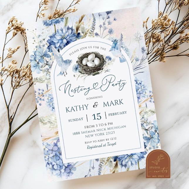 Blå Hydrangea Fågelbofest Inbjudningar (Skapare uppladdad)