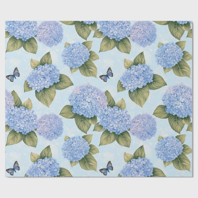 Blå Hydrangea Fjäril Trädgårdsfest Inpackningspapp Presentpapper (Platt)