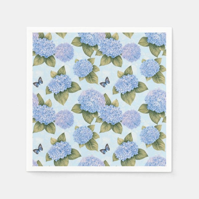 Blå Hydrangea & Fjäril Trädgårdspapper Servetter (Framsidan)