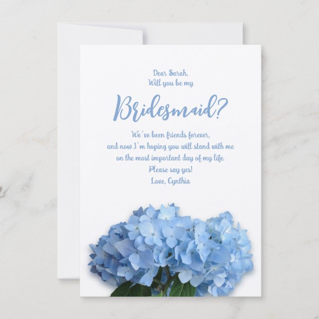 Blå Hydrangea Flowers blir min bridesmaid I Inbjudningar (Framsida)