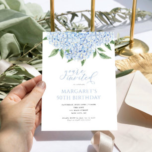 Blå Hydrangea Flowers Calligraphy Birthday Inbjudningar