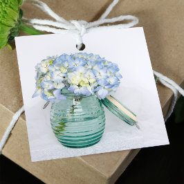 Blå Hydrangea Flowers i Burk Bröllop Gåvor Etiketter
