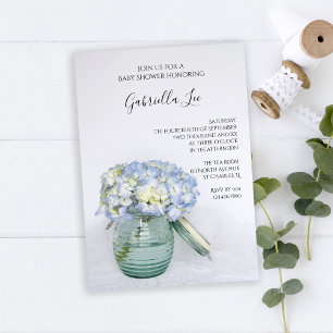 Blå Hydrangea Flowers i Burk Vas Baby Shower Inbjudningar