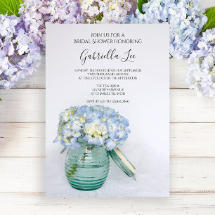 Blå Hydrangea Flowers i Burk Vas Möhippa Inbjudningar