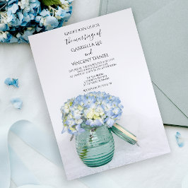 Blå Hydrangea Flowers i Glass Burk Vas Bröllop Inbjudningar
