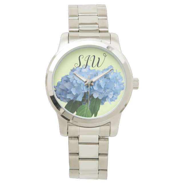 Blå Hydrangea Flowers Monogrammed Womens Armbandsur (Framsida)