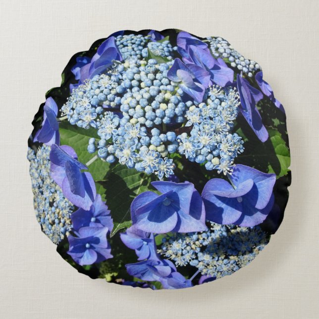 Blå Hydrangea Flowers Round Pillow Rund Kudde (Framsidan)