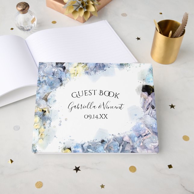 Blå Hydrangea Flowers Watercolor Bröllop Gästböcker (Framsida Öppen)