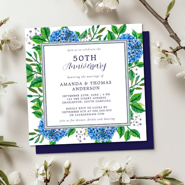 Blå Hydrangea för alla år - 50-års bröllopsjubileu Inbjudningar (Front / Back)