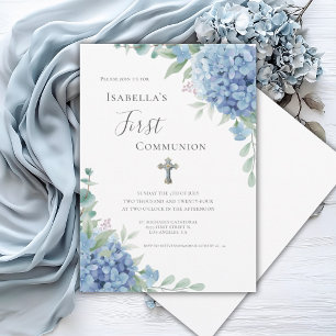 Blå Hydrangea Första Kommunion Religiös Inbjudningar