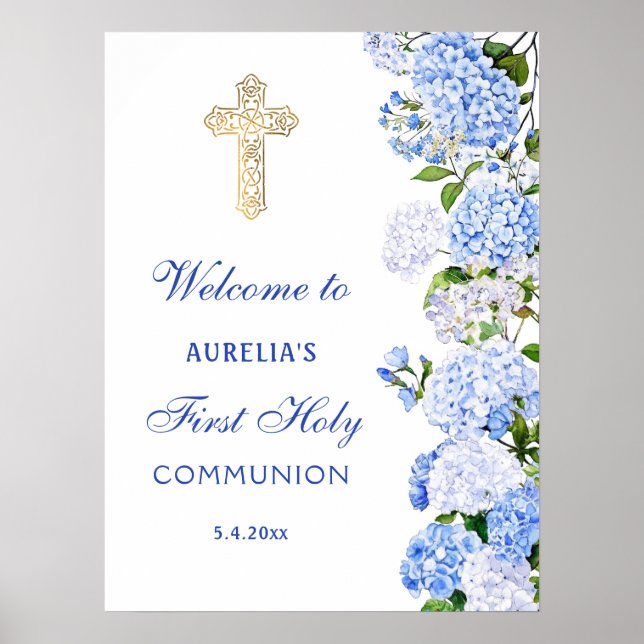 Blå Hydrangea Första Kommunion Välkommen Poster (Framsidan)
