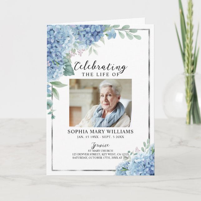 Blå Hydrangea Foto Minnesgudstjänst Program (Framsida)