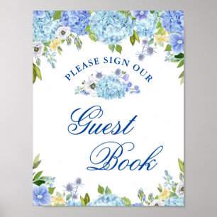 Blå Hydrangea Grönska Tecken Vår Gästbok Poster