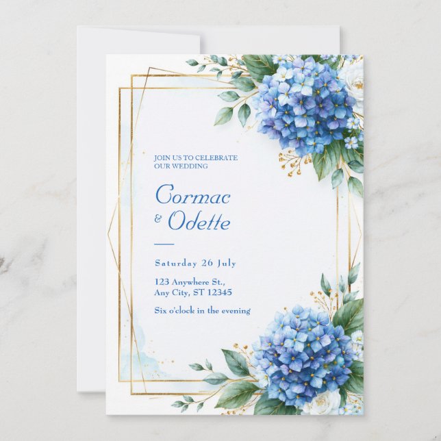 Blå Hydrangea Guld Ram Bröllop Inbjudningar (Framsida)