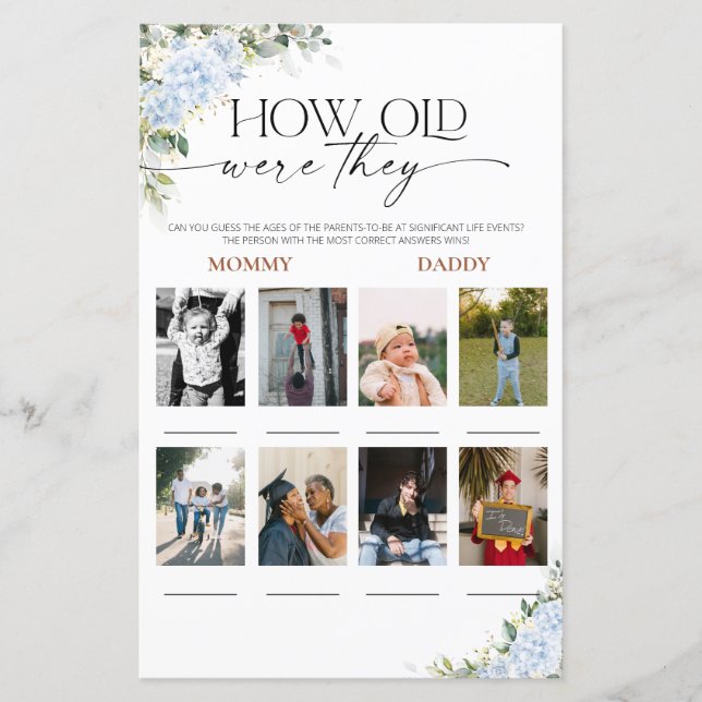 Blå Hydrangea Hur gamla var de Baby Shower Lek (Framsida)