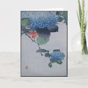Blå Hydrangea japansk träskskärl med verse Kort