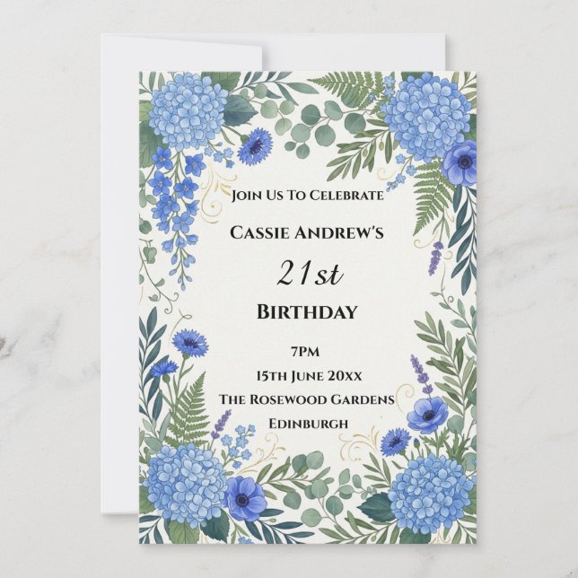 Blå Hydrangea Jubileumsfödelsedag Inbjudningar (Framsida)