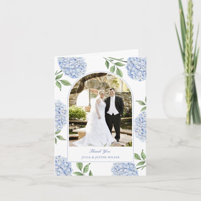 Blå Hydrangea Klassisk Bröllopsfoto Tack Kort (Framsida)
