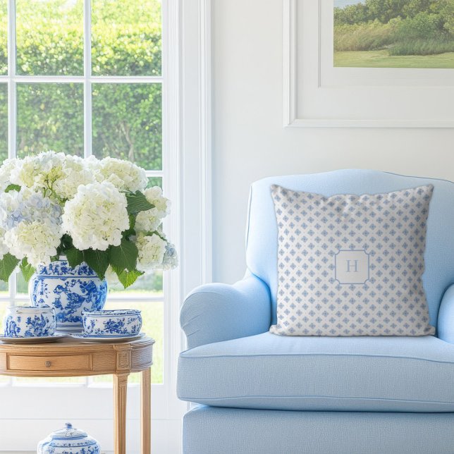 Blå Hydrangea Kronblad Monogram   Kudde (Hydrangea Petal Blue Monogram Pillow)