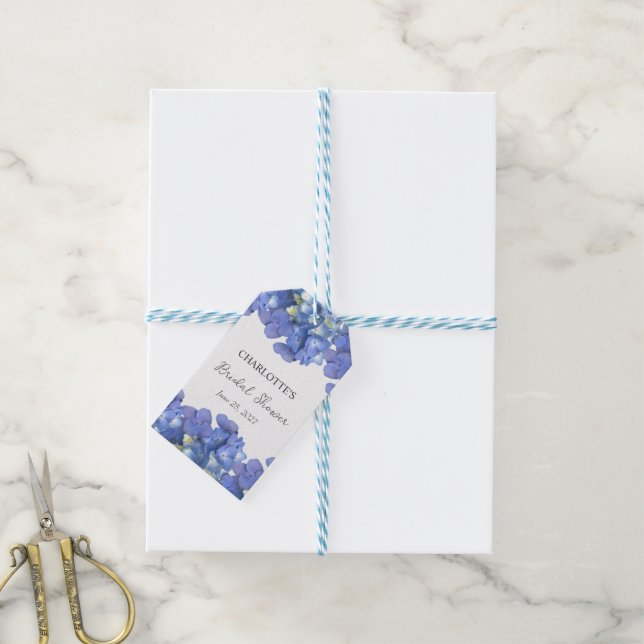 Blå Hydrangea Kronblad Personlig Bröllopsdusch Presentetikett (Med Snöre)