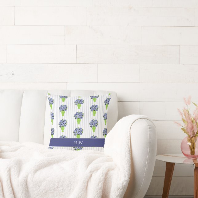 Blå Hydrangea Kustnära Grön Vas Rand Monogram Kudde (Soffa)