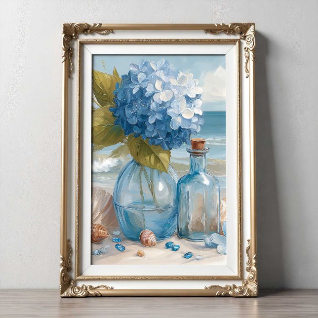 Blå Hydrangea Kuststrand | Strand Poster (Blue Hydrangea Coastal Beach | Beach Poster by TinkPrints.)