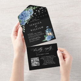 Blå Hydrangea Lantern Black Bröllop QR-kod