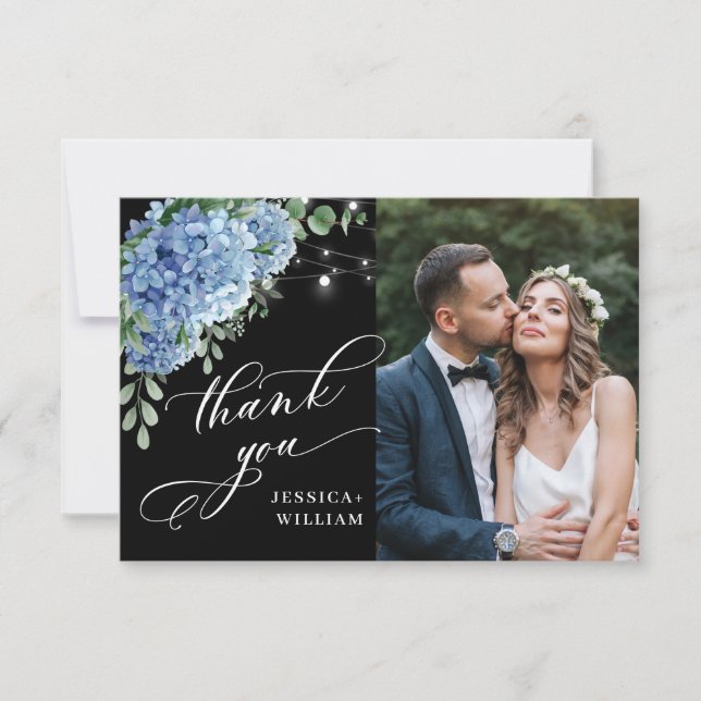 Blå Hydrangea Lykta Svart Boho Foto Bröllop Tack Kort (Framsida)