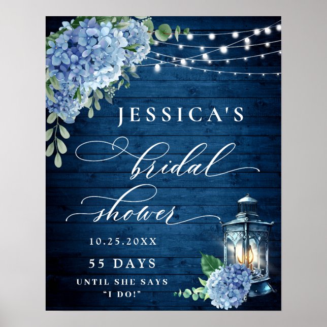 Blå Hydrangea Lykta Trä Boho Bröllopsdusch Poster (Framsidan)
