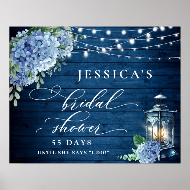 Blå Hydrangea Lykta Trä Boho Bröllopsdusch Poster (Framsidan)