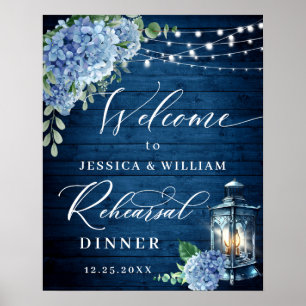 Blå Hydrangea Lykta Trä Boho Övningsmiddag Poster