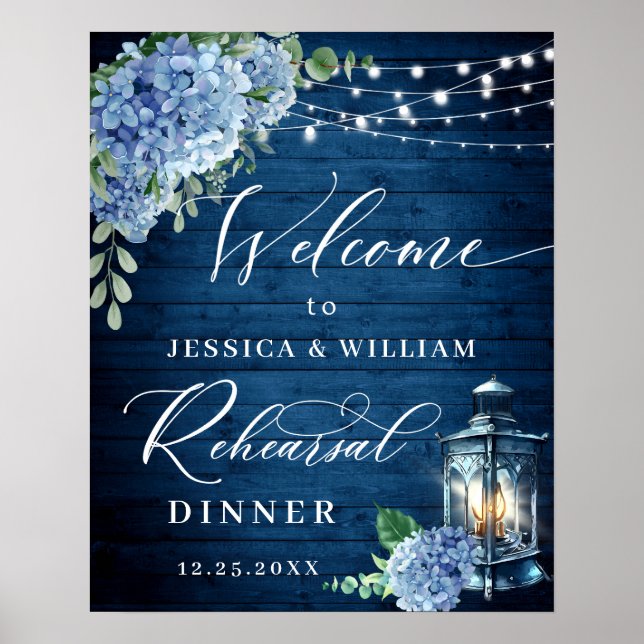 Blå Hydrangea Lykta Trä Boho Övningsmiddag Poster (Framsidan)
