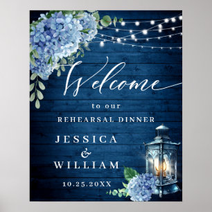 Blå Hydrangea Lykta Trä Boho Övningsmiddag Poster
