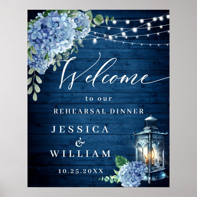 Blå Hydrangea Lykta Trä Boho Övningsmiddag Poster (Framsidan)