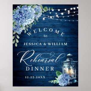 Blå Hydrangea Lykta Trä Boho Övningsmiddag Poster
