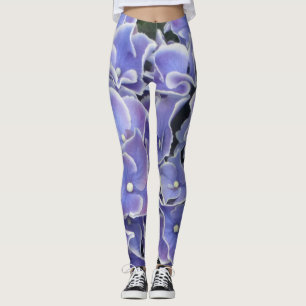 Blå Hydrangea med vit Gräns-balk Leggings