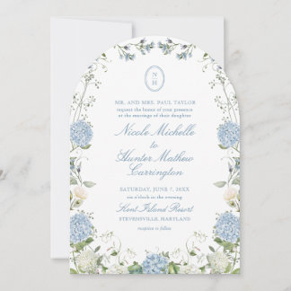 Blå Hydrangea Monogram Bröllopsbåge Inbjudan