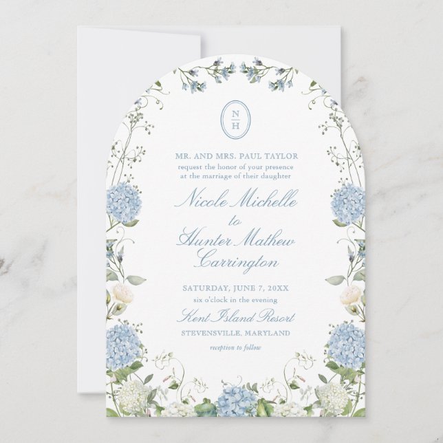Blå Hydrangea Monogram Bröllopsbåge Inbjudan (Framsida)