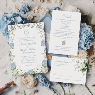 Blå Hydrangea Monogram Bröllopskröningsinbjudan Inbjudningar