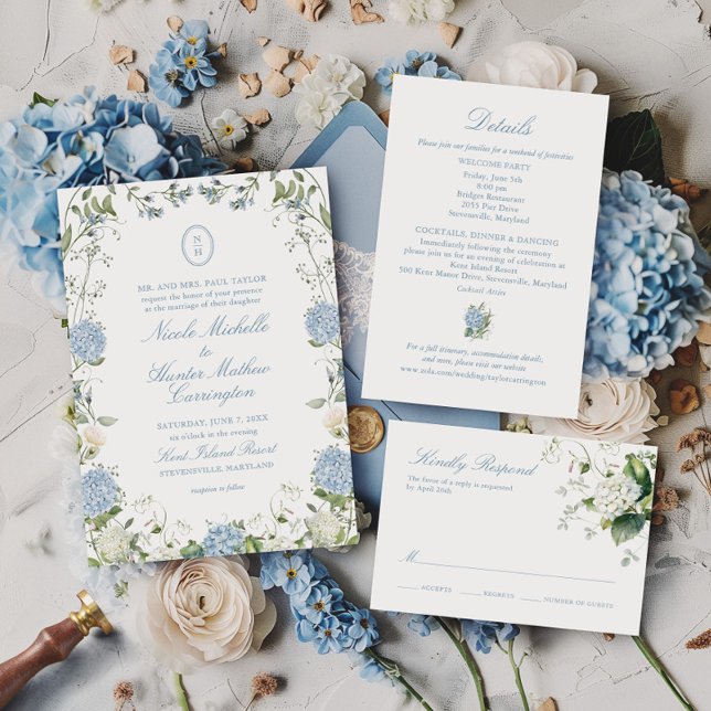 Blå Hydrangea Monogram Bröllopskröningsinbjudan Inbjudningar (Skapare uppladdad)