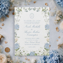 Blå Hydrangea Monogram Bröllopskröningsinbjudan