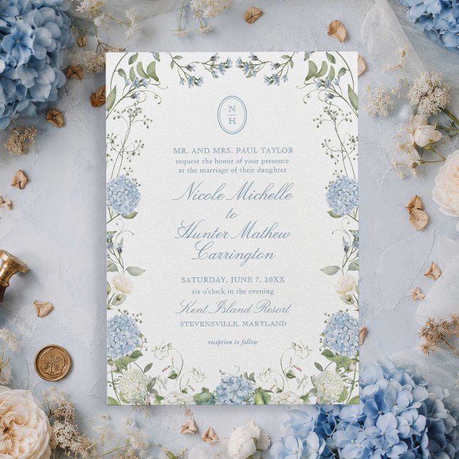 Blå Hydrangea Monogram Bröllopskröningsinbjudan Inbjudningar (Skapare uppladdad)