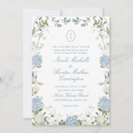 Blå Hydrangea Monogram Krönings Bröllopsinbjudan Inbjudningar