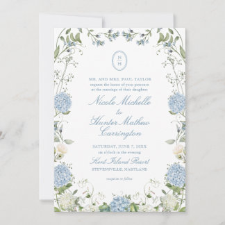 Blå Hydrangea Monogram Krönings Bröllopsinbjudan Inbjudningar