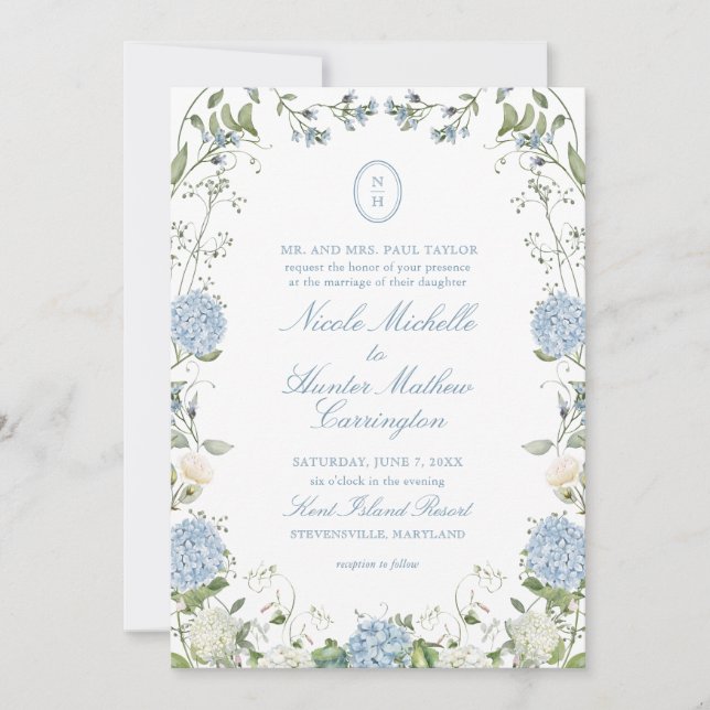 Blå Hydrangea Monogram Krönings Bröllopsinbjudan Inbjudningar (Framsida)