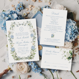 Blå Hydrangea Monogram Krönings- Bröllopsinbjudan Inbjudningar
