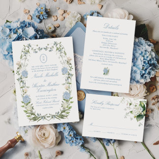 Blå Hydrangea Monogram Krönings- Bröllopsinbjudan Inbjudningar