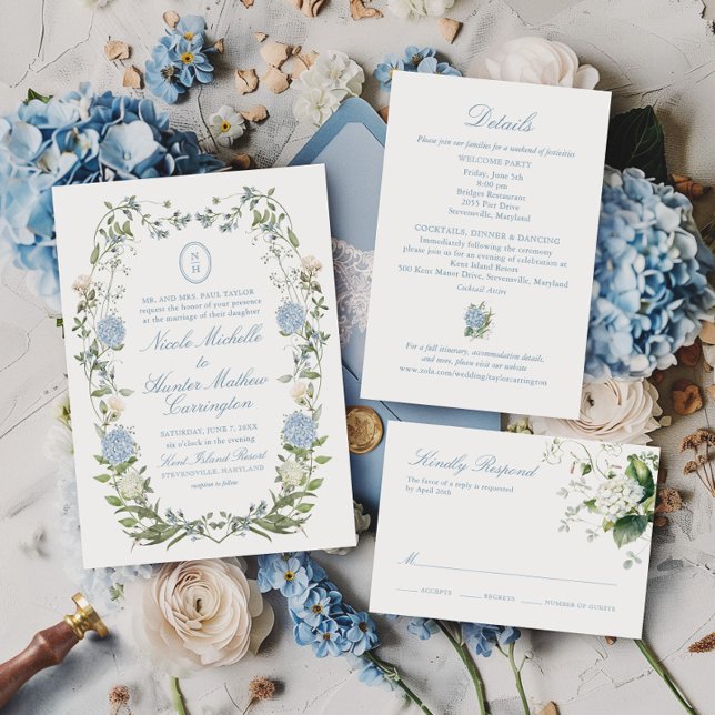 Blå Hydrangea Monogram Krönings- Bröllopsinbjudan Inbjudningar (Skapare uppladdad)