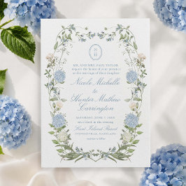 Blå Hydrangea Monogram Krönings- Bröllopsinbjudan Inbjudningar