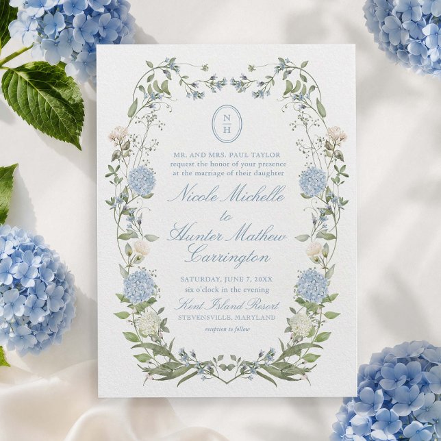 Blå Hydrangea Monogram Krönings- Bröllopsinbjudan Inbjudningar (Skapare uppladdad)